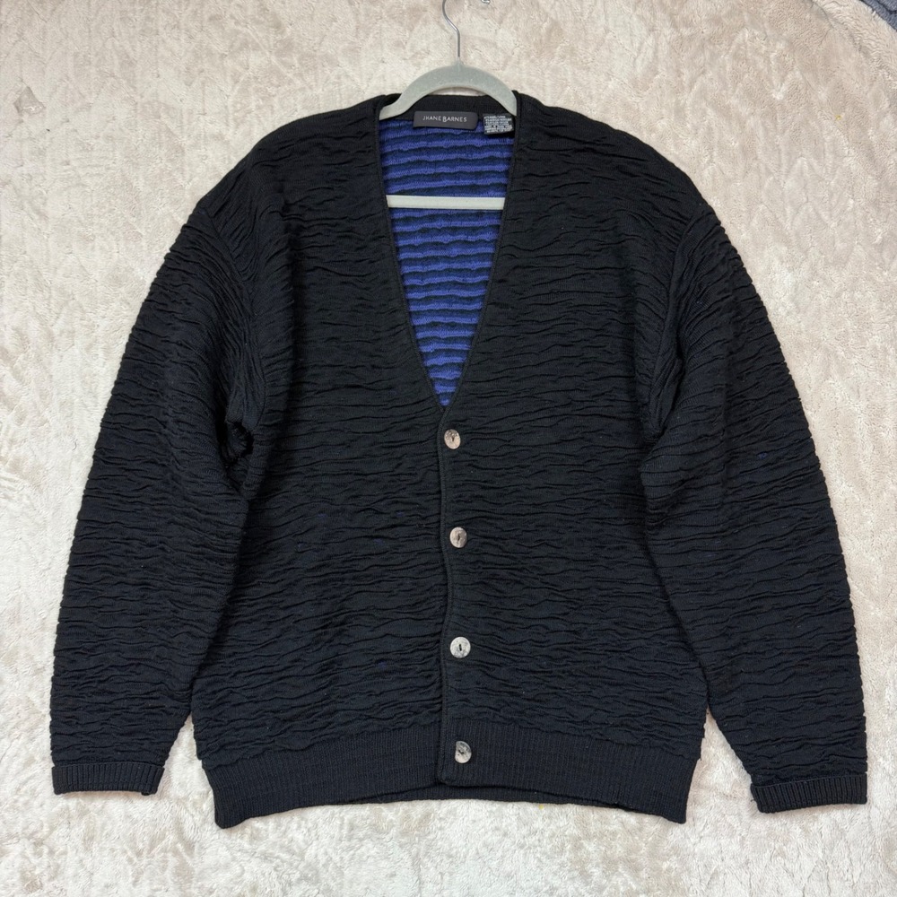 Jhane Barnes Vintage Black Textured Wool Blend Cardigan Sweater Mens Medium